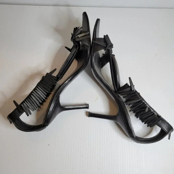 ❤️ 3 for $35 Hugo Boss fringe wood stiletto sandals high heels size 37 - Picture 5 of 13